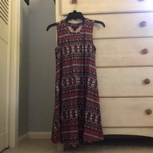 red and blue pattern dress